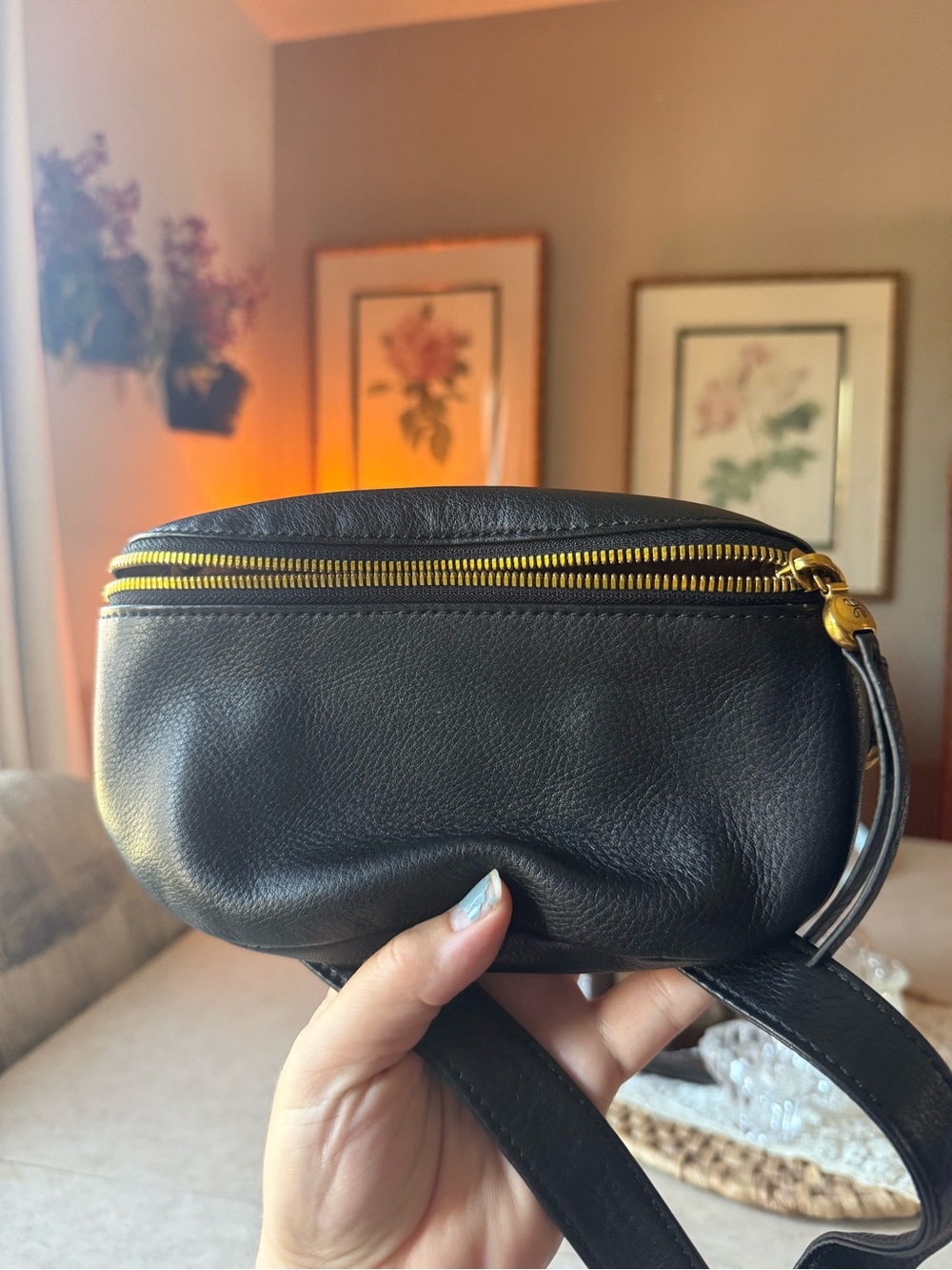 HOBO Black Pebbled Leather Crossbody with Gold Zipper